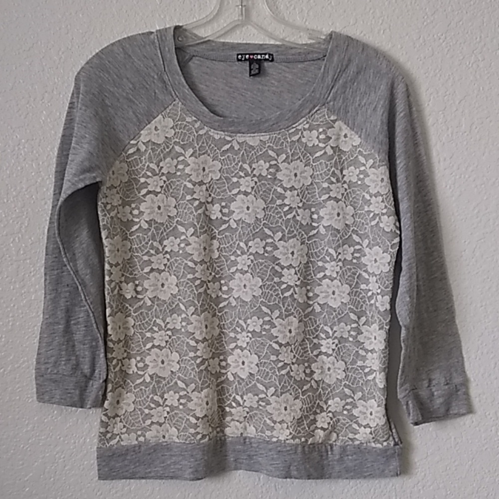 FINAL MARKDOWN eye candy Lace-Overlay Front LS T-shirt large